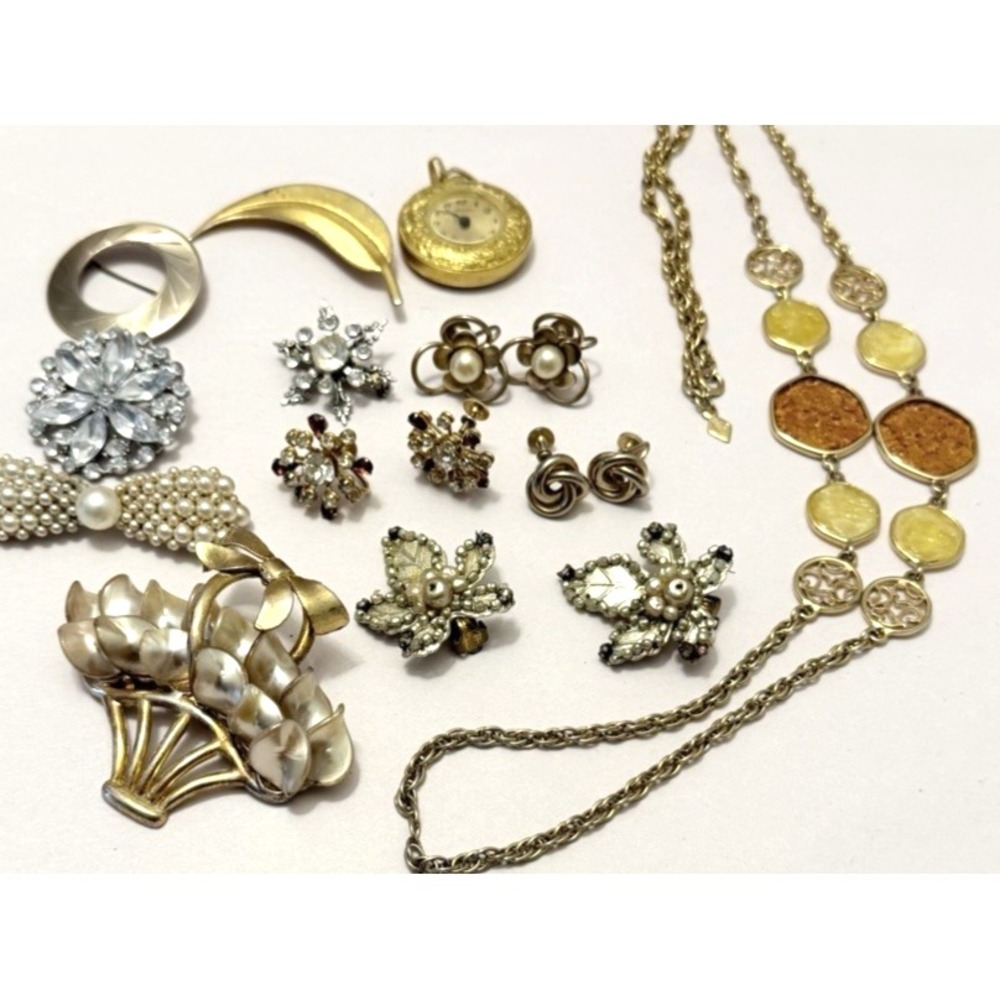VTG Jewelry LOT Mixed Brooch Necklace Earrings S Coventry Retro Clock Pendant